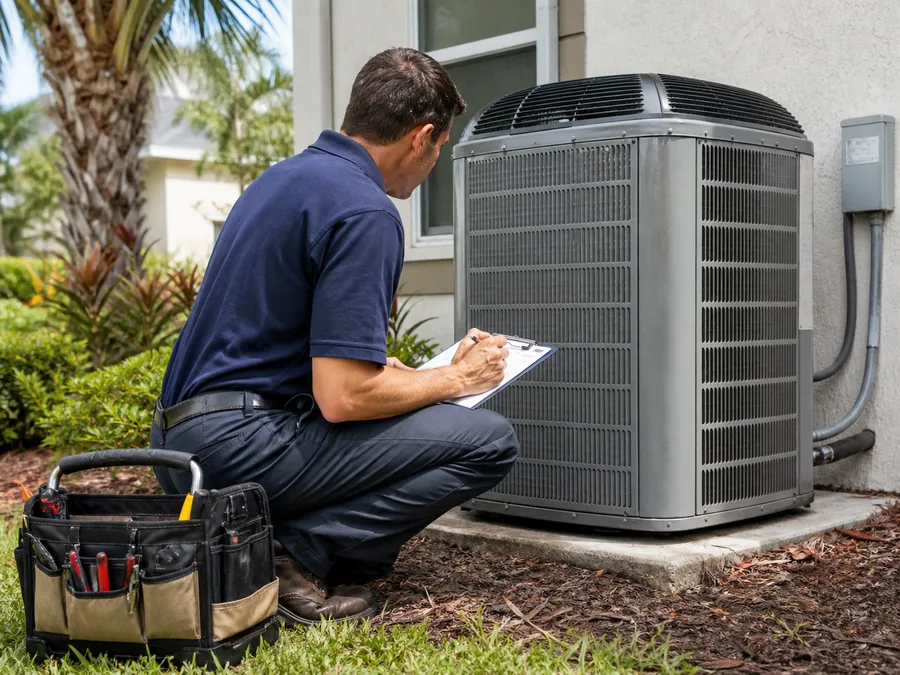 HVAC technician evaluating an outdoor AC unit for replacement