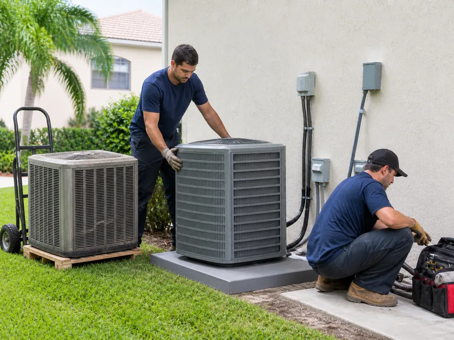 HVAC technicians replacing an older outdoor AC unit