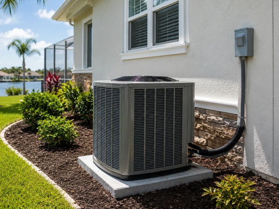 Installed outdoor air conditioning unit beside a home