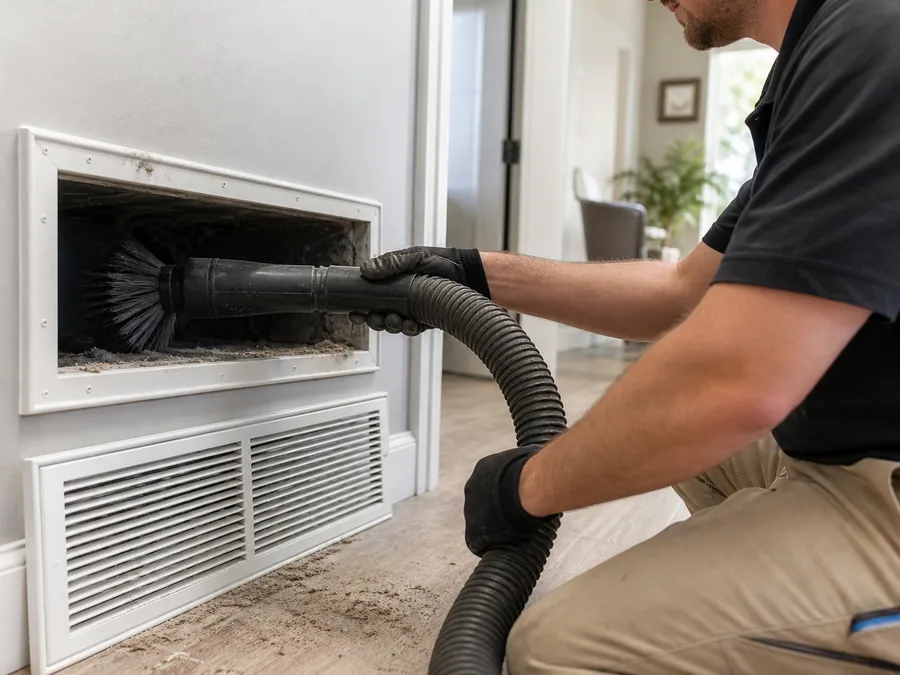 Technician cleaning a residential air duct with a vacuum hose