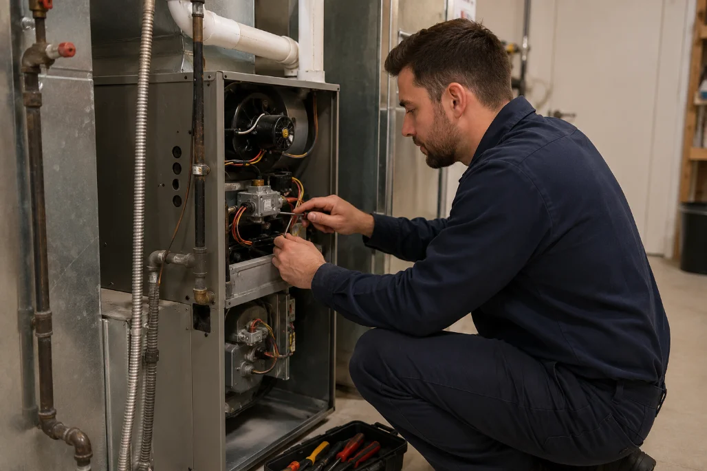 HVAC technician repairing a residential furnace