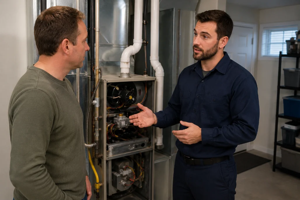 Technician talking with a homeowner about furnace service